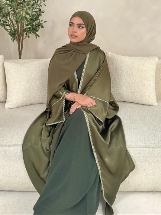 Luxury Olive Green Open Abaya Set