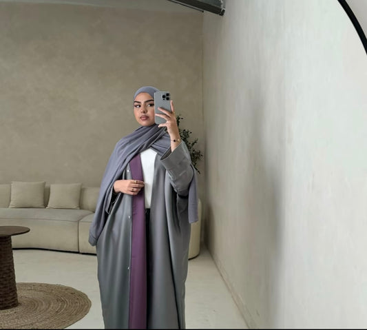 Grey and Purple Two Tone Batwing Abaya Set