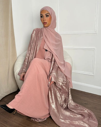 Luxury Rose Pink Abaya Set with Batwing sleeves
