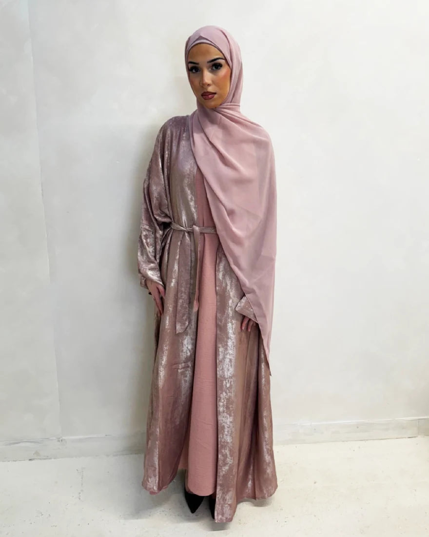Luxury Rose Pink Abaya Set with Batwing sleeves