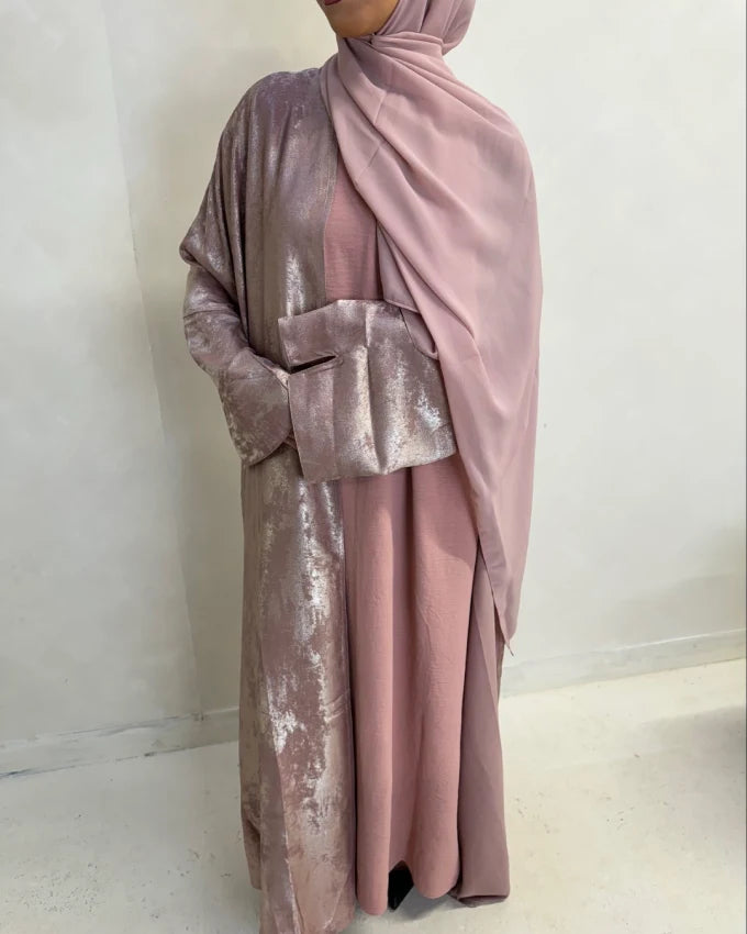 Luxury Rose Pink Abaya Set with Batwing sleeves