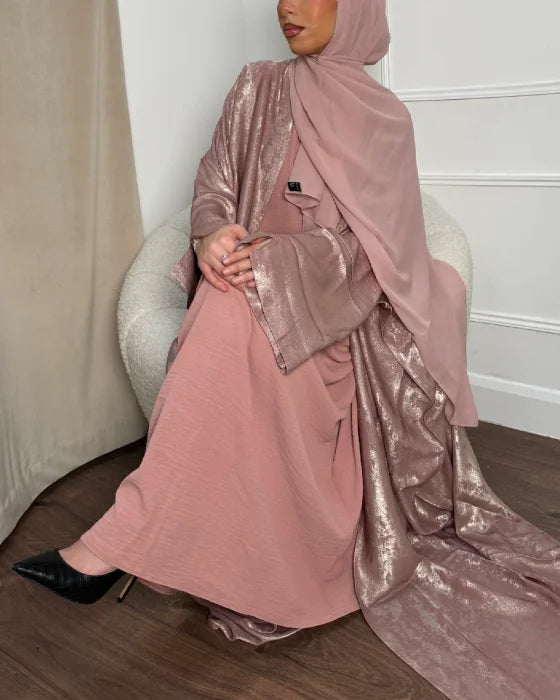 Luxury Rose Pink Abaya Set with Batwing sleeves