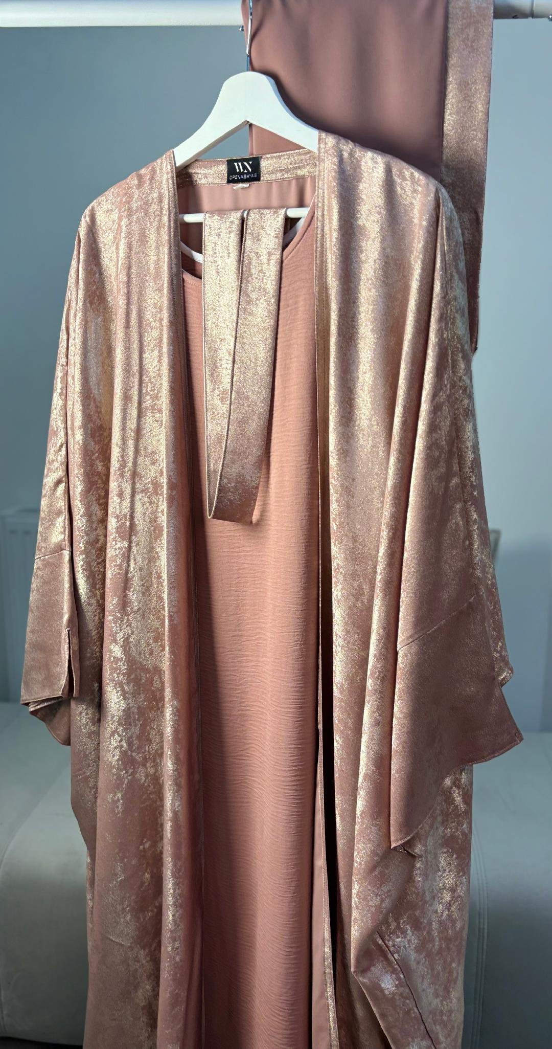 Luxury Rose Pink Abaya Set with Batwing sleeves